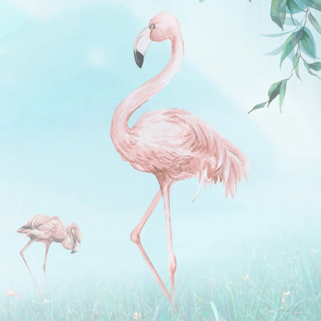 Watercolour decorative wallpaper - pink flamingos on a turquoise meadow