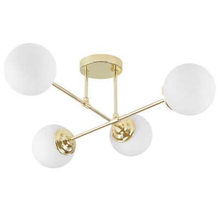 Gold ceiling lamp, asymmetrical shape, metal tubes, white balls, classic gold - FINO