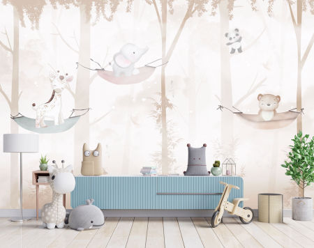 Pastel children's wallpaper FOREST SLEEP, animals in the forest on hammocks, giraffe, elephant, teddy bear, panda