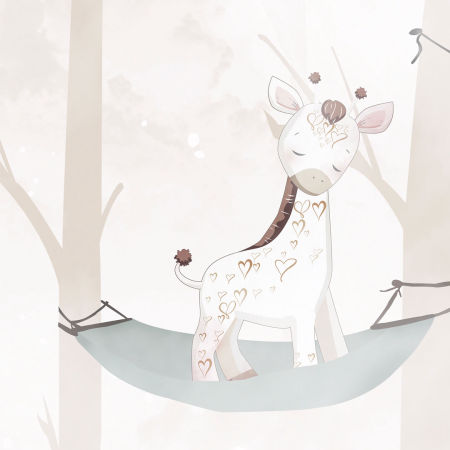 Pastel children's wallpaper FOREST SLEEP, animals in the forest on hammocks, giraffe, elephant, teddy bear, panda