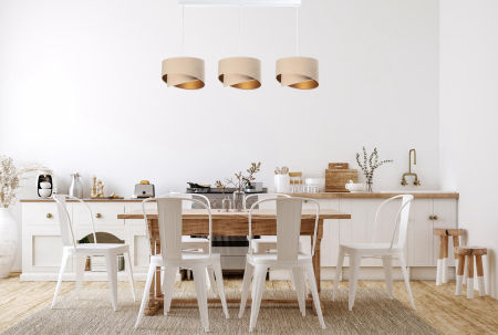 Triple beige and gold pendant lamp with asymmetrical velour lampshades on ceiling bar