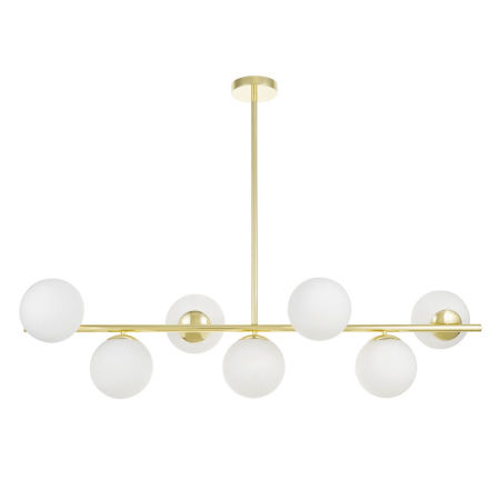 Gold chandelier, glass white balls, pendant lamp with shades on a horizontal bar, classic gold - FREDICA W7