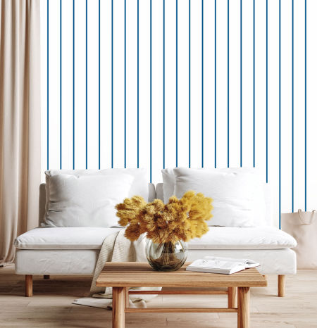 White and blue 1 cm vertical stripes wallpaper