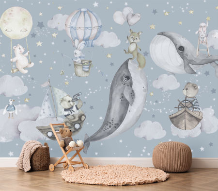 Children's wallpaper for boy or girl, with whales and animals in the clouds, star hunting