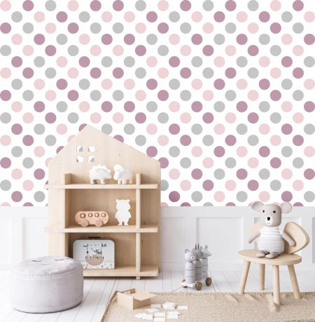 White wallpaper with violet, pink and grey 10 cm dots