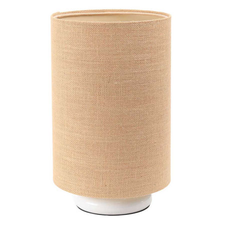 Beige cylinder-shaped bedside lamp with BOHO jute lampshade