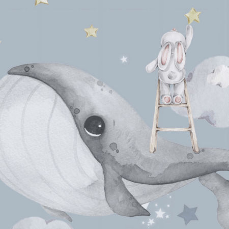 Children's wallpaper for boy or girl, with whales and animals in the clouds, star hunting