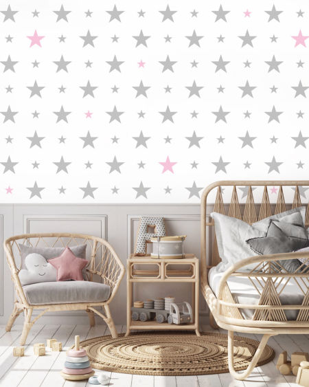 White and grey-and-pink 15 and 7 cm stars wallpaper