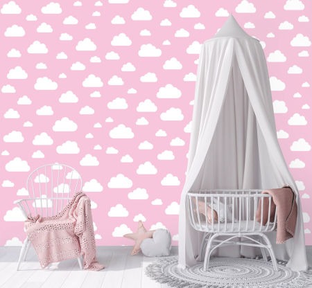 Pink wallpaper for walls with white 7,5-24 cm clouds