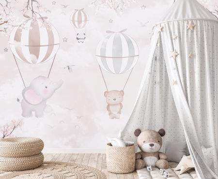 Beige wallpaper for children's room A BALLOON TRIP OF ANIMAL FRIENDS