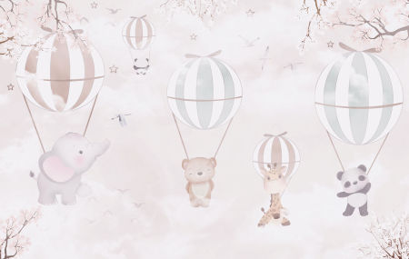 Beige wallpaper for children's room A BALLOON TRIP OF ANIMAL FRIENDS