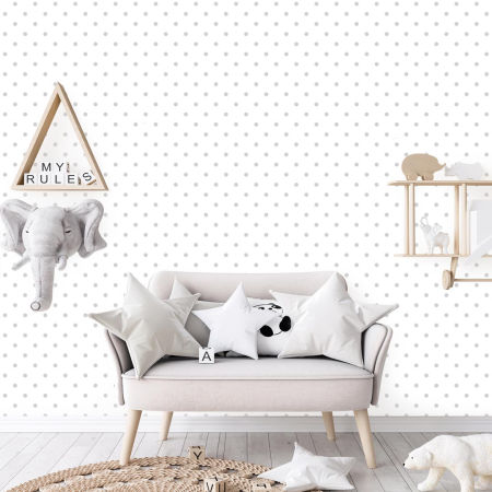 White and grey 2 cm dots wallpaper