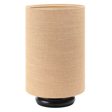 Beige cylinder-shaped bedside lamp with BOHO jute lampshade