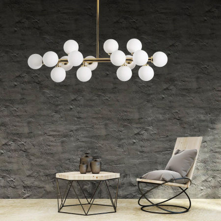 Golden pendant lamp, white glass balls, modern chandelier, classic gold - PETRICA