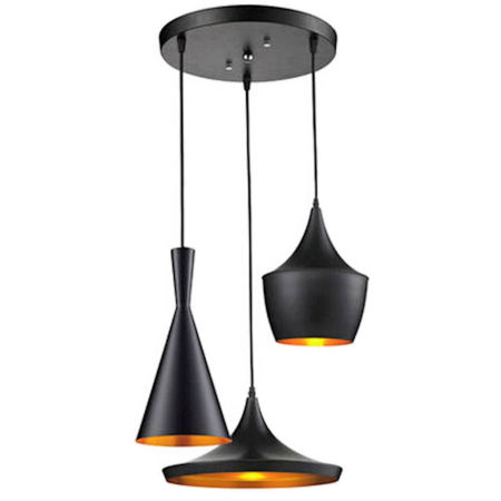 Triple modern and designer pendant lamp, black and metal, gold inner - FOGGI W3