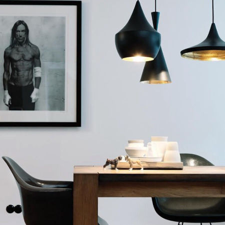 Triple modern and designer pendant lamp, black and metal, gold inner - FOGGI W3