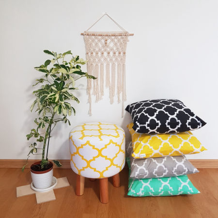 Scandinavian wooden stool MOROCCAN CLOVER white and yellow
