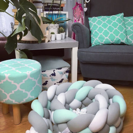 Decorative wooden mint green pouf, white Moroccan clover pattern