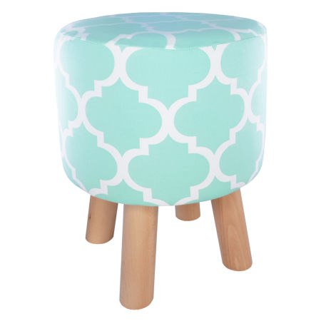 Decorative wooden mint green pouf, white Moroccan clover pattern