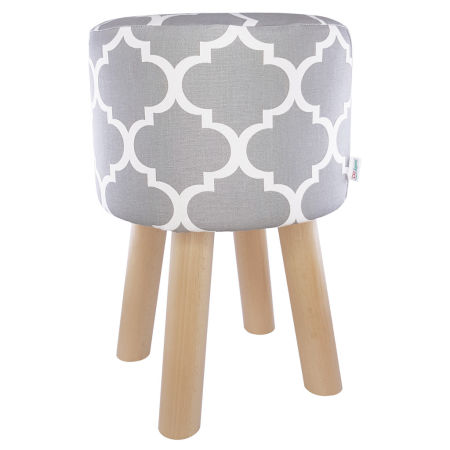 Grey round pouffe, wooden stool, white Moroccan clover pattern