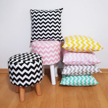 Fashionable pouf white and black with ZIGZAGS wooden stool for sitting