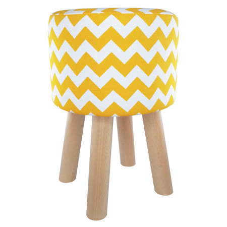 White and yellow pouf, wooden stool with ZIGZAGS, soft seat for your living room