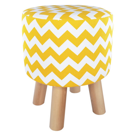 White and yellow pouf, wooden stool with ZIGZAGS, soft seat for your living room
