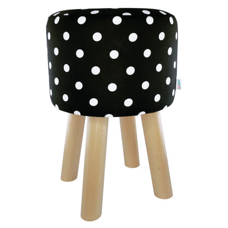 Black pouffe, stool with cover in white polka dots