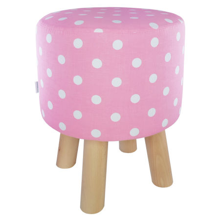 Pink stool, pouffe, retro design, white polka dot cover