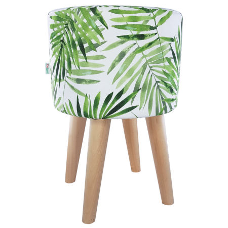 Trendy stool, Scandinavian pouffe with green Fern leaves floral design