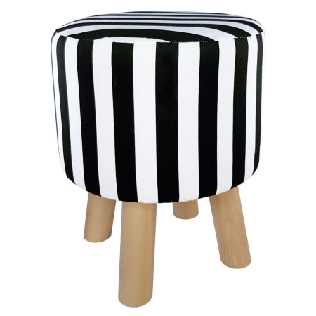 Stool, wooden hassock with round seat, white and black pattern with stripes