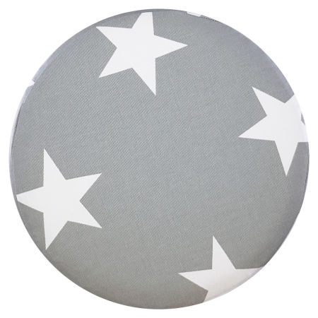 Grey decorative pouf, wooden stool, cover with big white stars