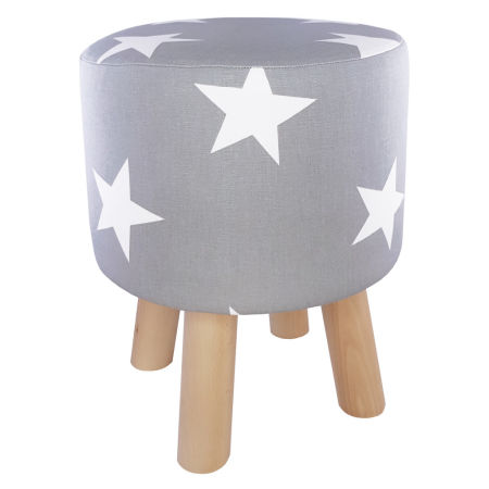 Grey decorative pouf, wooden stool, cover with big white stars