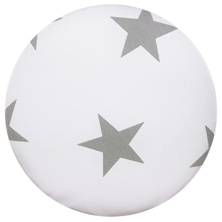 White wooden stool, round pouf with a cover with BIG GREY STARS