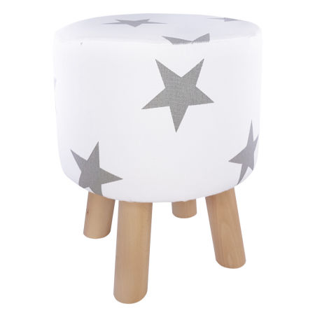 White wooden stool, round pouf with a cover with BIG GREY STARS