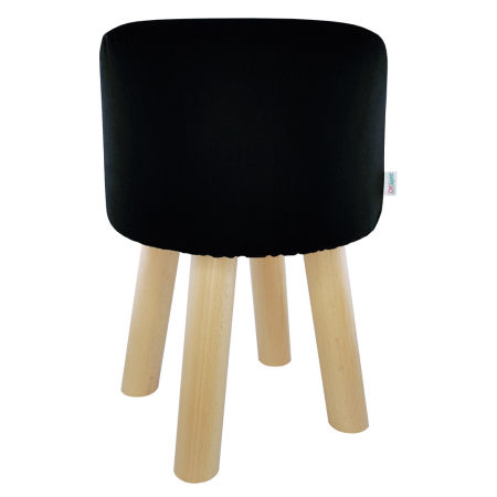 Black pouf round stool wooden legs velvety smooth cover