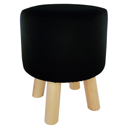 Black pouf round stool wooden legs velvety smooth cover