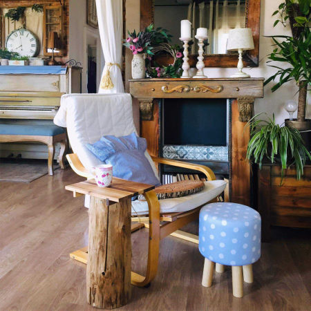 Blue pouf in white POLKA DOTS  for dressing table bedroom