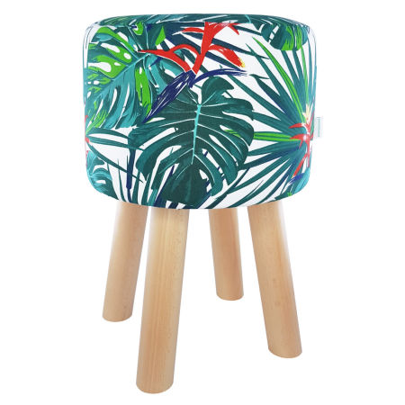Exotic pouffe stool with turquoise Monstera leaves, colourful palms
