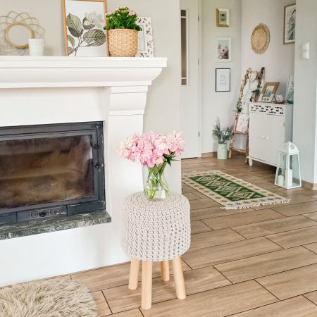 Rustic decorative pouffe, stool with light beige string cover