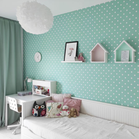 Mint and mini white 2 cm dots wallpaper