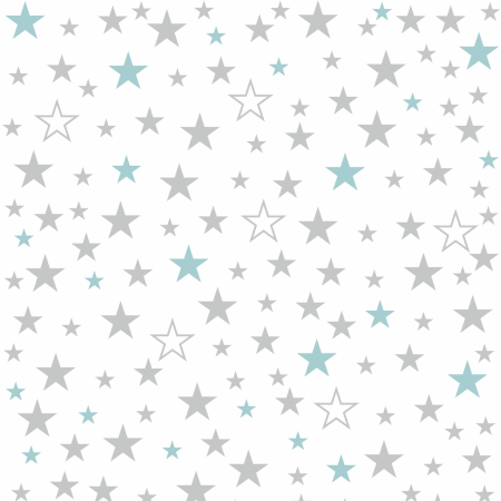 White wallpaper with pastel grey and teal 4-6-8 cm stars for children