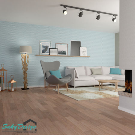 Geometrical patterned wallpaper:blue and white netting, lines, triangles and diamonds