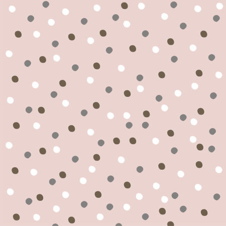 Salmon coloured wallpaper with irregular 3 cm dots of white, grey, brown colours