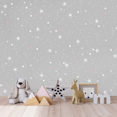 Grey wallpaper with white and pink stars and dots