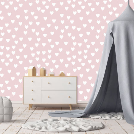 Pastel powder pink wallpaper with 10 cm white heart pattern