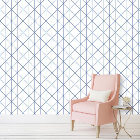Wallpaper with triangles and lines white-blue Classic Blue Pantone colour