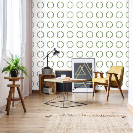 White wallpaper with green wreaths (twigs leaves in boho style)
