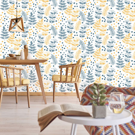 Navy blue and orange flowers and plants on a white background-Nordic wallpaper