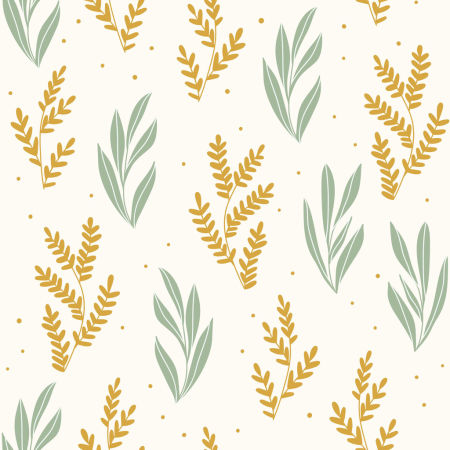 Modern Nordic wallpaper with green and mustard underwater plants on a light yellow dotted background